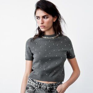 NWT Zara Pearl and Jewel Knit Sweater Size Small